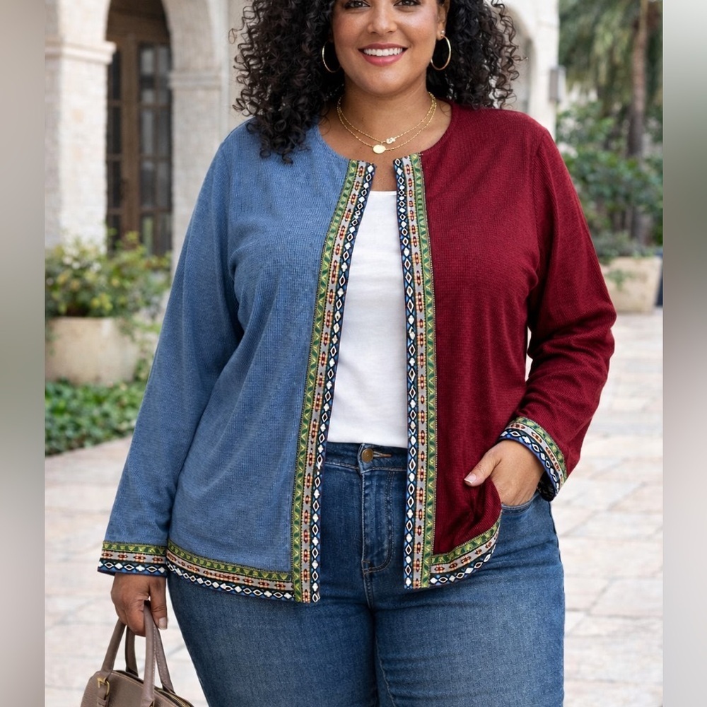 Two-Tone Corduroy Women's Blazer with Ethnic Trim
